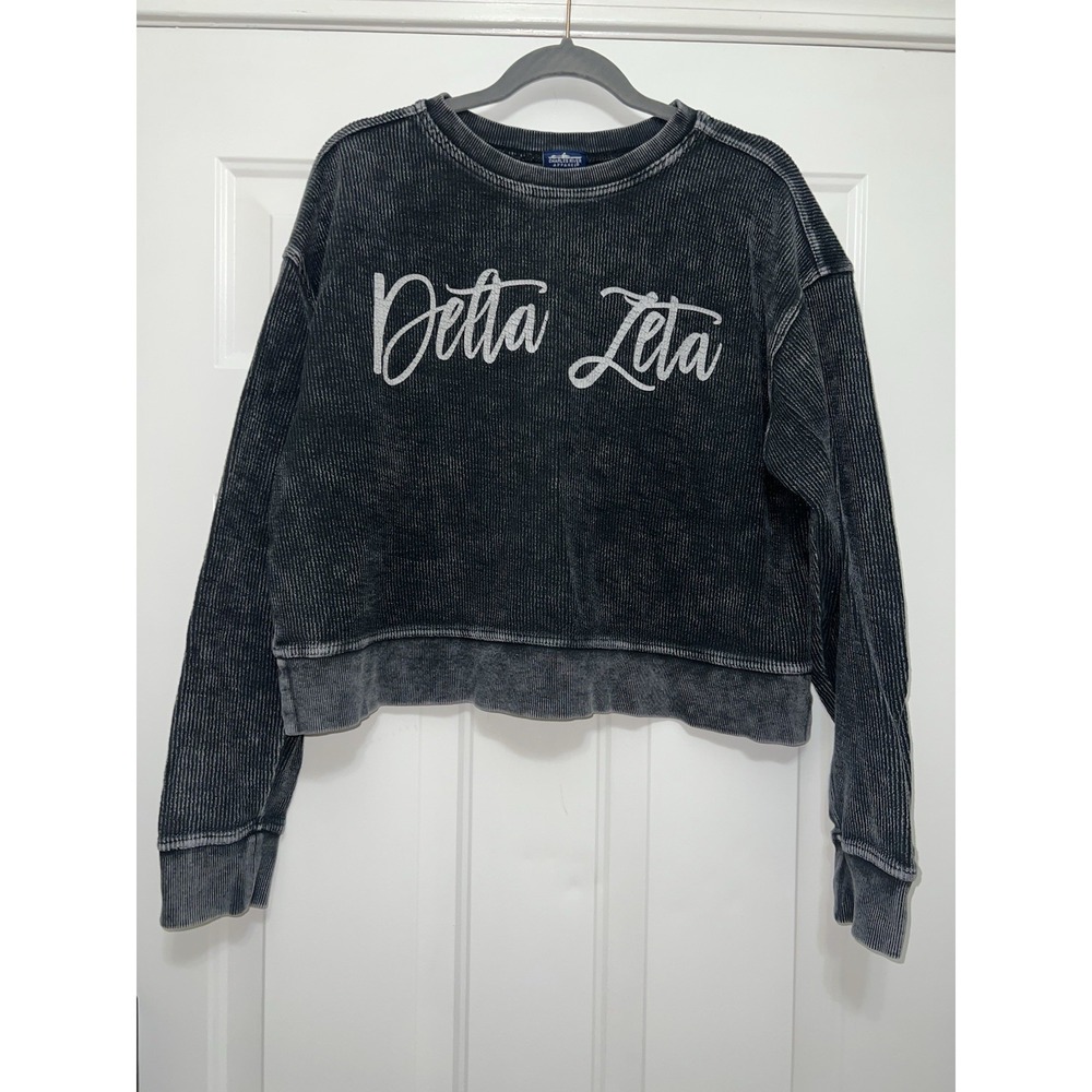 Delta Zeta Medium‎ Women's Sorority Corded Black Oversized Pullover Crop Sweater